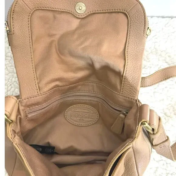 Fossil Leather Preston Small Flap Crossbody Handbag Tan Latte Khaki - Picture 7 of 9